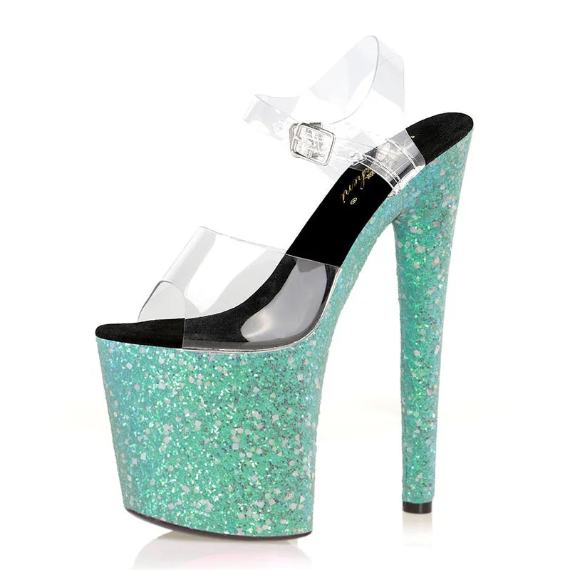 Women's Large Summer Ankle Strap 20 cm Sexy High Heels Fluorescent Green Light Film Sexy Thin Bottom 8 Inch High Heels New Bag