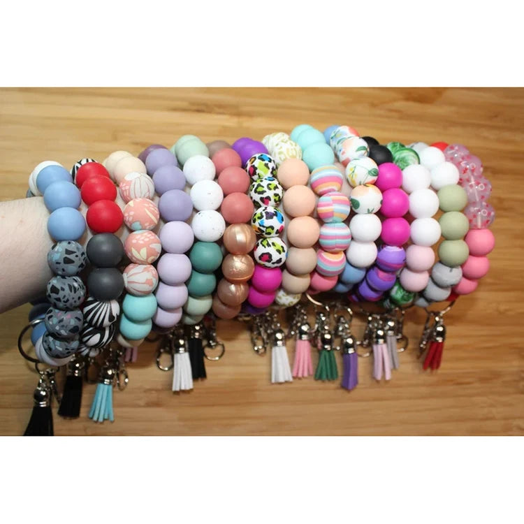 Silicone Beaded Bracelet Keychain Key Ring Bangle Wristlet Keychain With Leather Tassel for Women/Girls