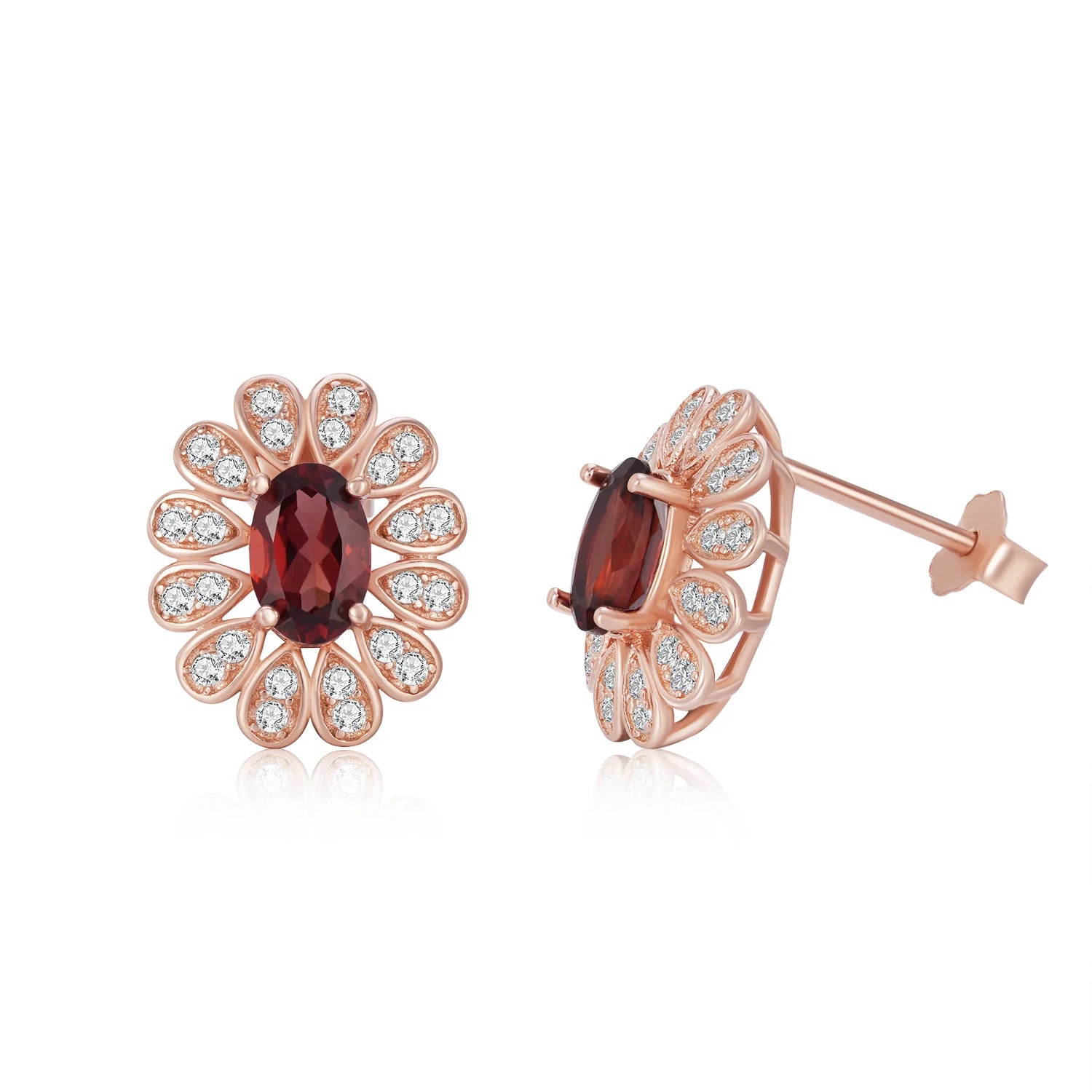 YBO Trendy Women's 18K Rose Gold Plated 925 Silver Earrings Natural Oval Red Garnet CZ Studs for Weddings Parties Fine Jewelry