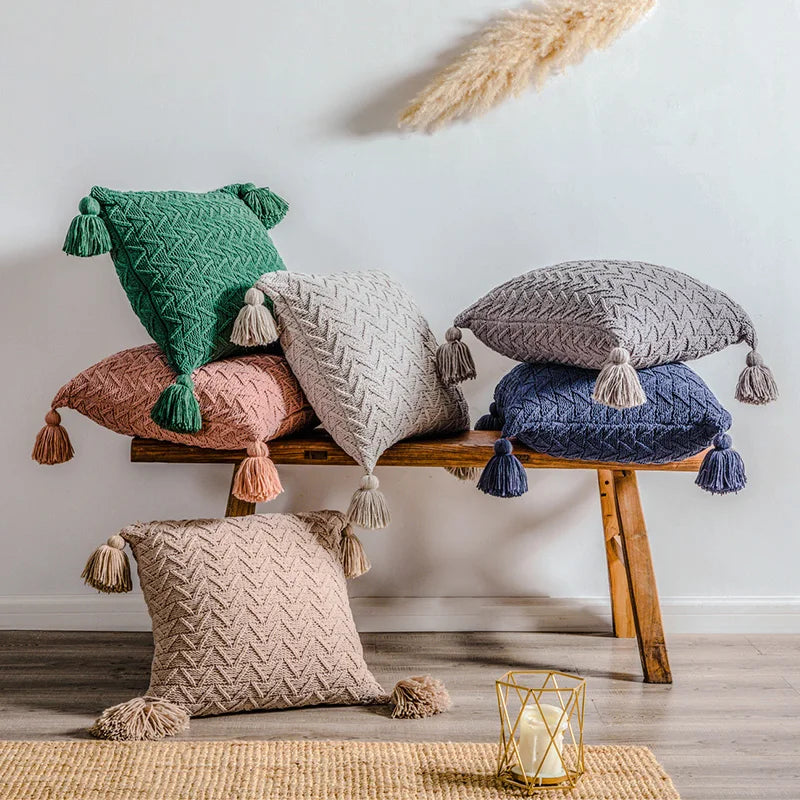 AS Soft Polyester 18*18 Inch Tassel Knitted Throw Pillow Cushion Cover for Sofa Home Decor Hot Sell