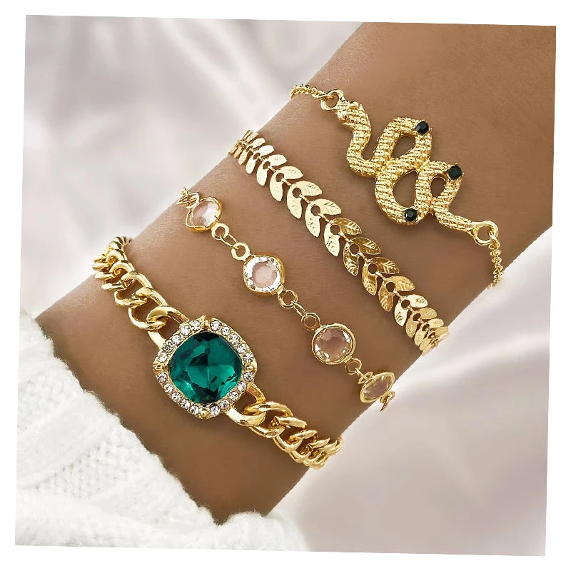 VKME 4Pcs/Set New Design Green Square Zircon Snake Bracelet Set