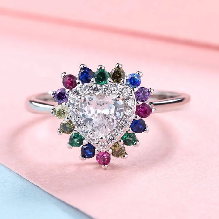 Women Gemstone Heart Ring with Colorful CZ Stones Wedding Rings in Real Silver 925