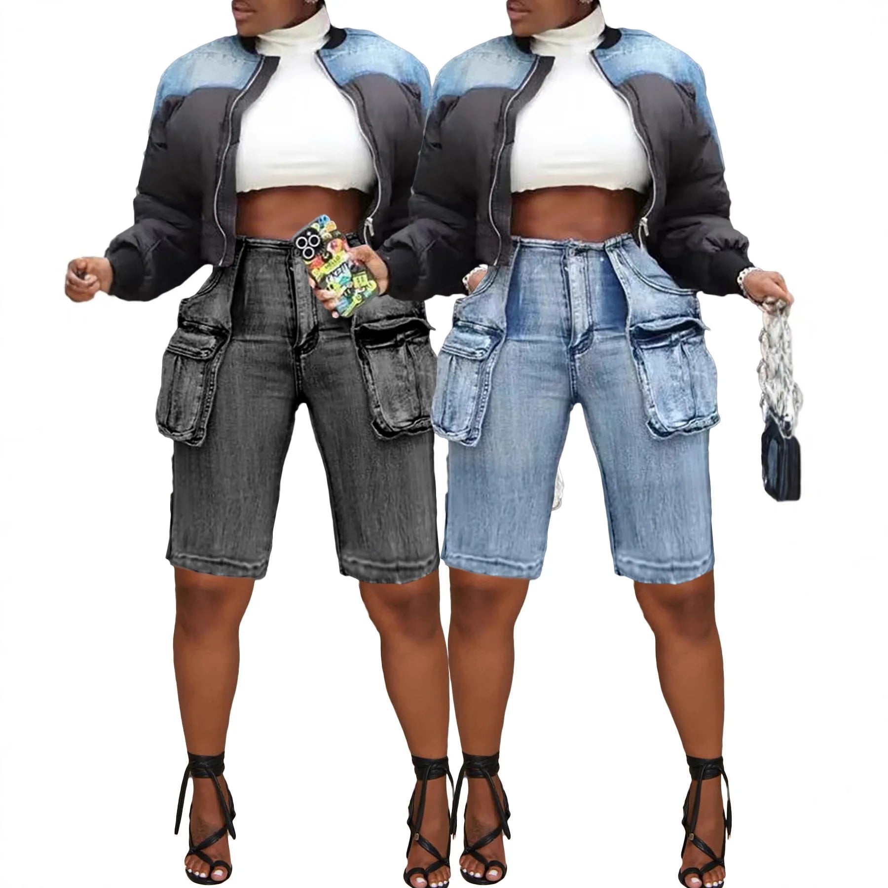 Summer Women Street Wear Denim Pants Women Midi Pants Fashion Pocket Design Short Jeans Women Casual Pants