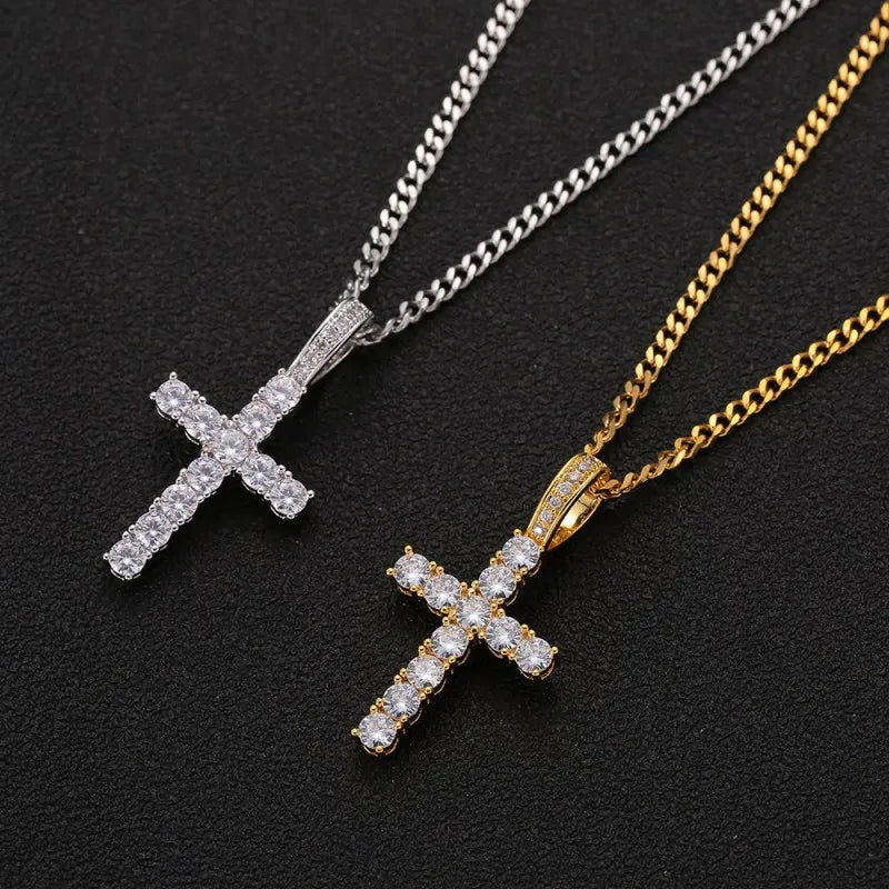 Anha Cross Pendant Necklace with Zircon CZ Stones Hip Hop Style for Men Women Copper Setting Link Chain for Weddings Parties