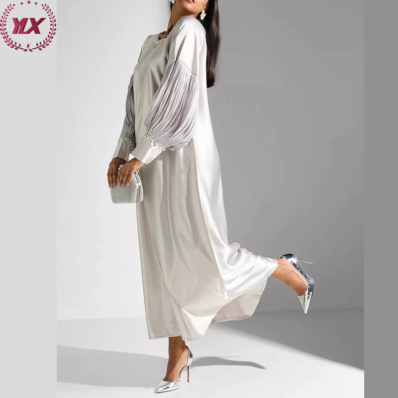 Ramadan Eid Fashion Silky Satin Muslim Abayas Robe Abaya Elegant Kimono Muslim Arab Islamic Clothing with Pearls Women Polyester