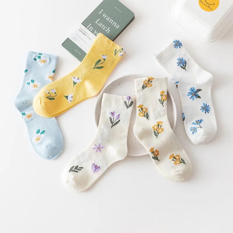 New Fall Women Fresh Flowers Crew Socks Colorful Floral Cotton Tube