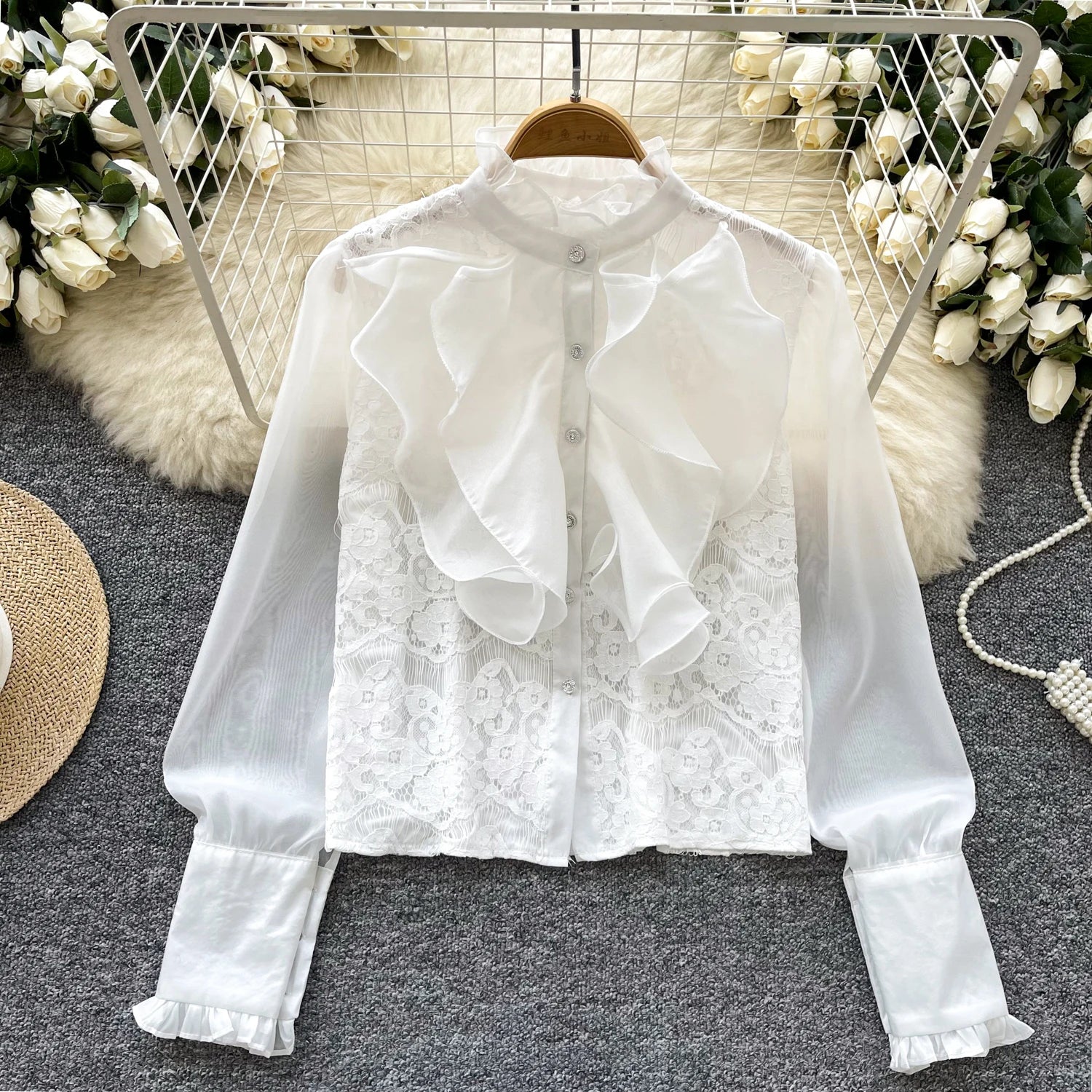LW0595 Court Style Shirt Lady Three-Dimensional Flower Ruffled Lace Patchwork Long Sleeve Mesh Blouses Elegant Women