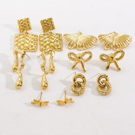 Gold Plated Bow Earrings Stainless Steel Ginkgo Leaf Knot Double Loop Twist Square Geometry Bowknot Earrings Punk Jewelry