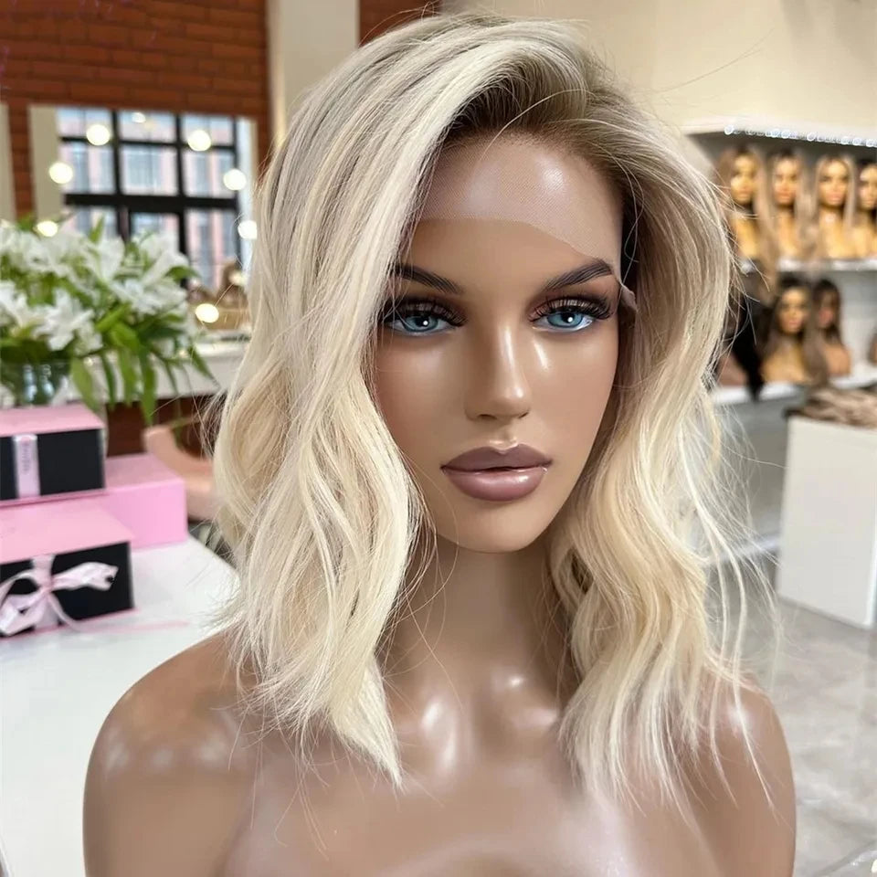 Unprocessed European Hair Wave Bob Wigs Silk Top Blonde Highlight Color Balayage New Style Stock Lace Front Wig