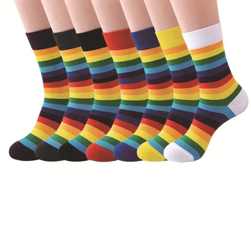 Wholesale Fashion Colorful Color Block Socks Novelty Rainbow Striped Cotton Crew Socks for Women