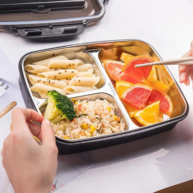 Stainless Steel & PP 3-Compartment Leak-Proof Bento Box for Sushi Lunch Microwave Safe 1-3L Capacity