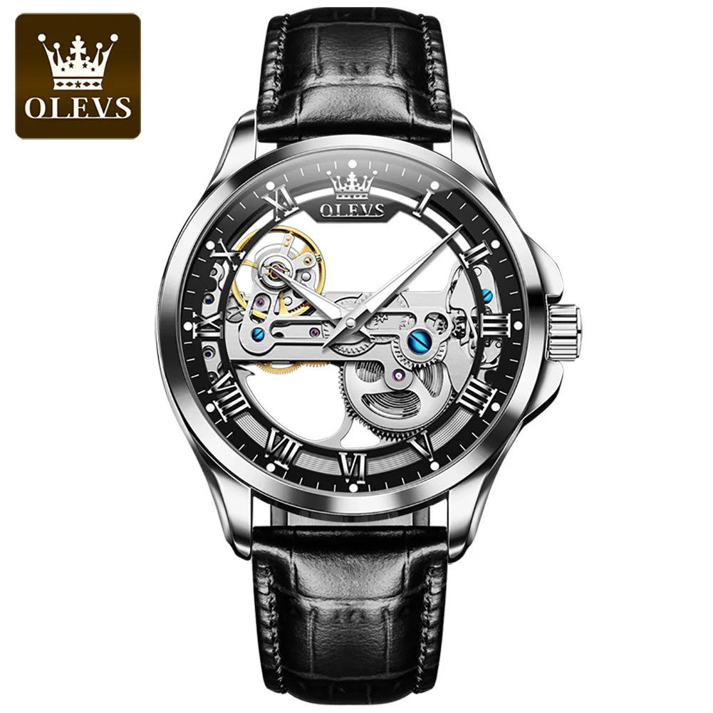 Olevs 6661 Classic Ultra Thin Men Leather Luxury Transparent Luminous Customized Case Fashion Men Automatic Mechanical Watch