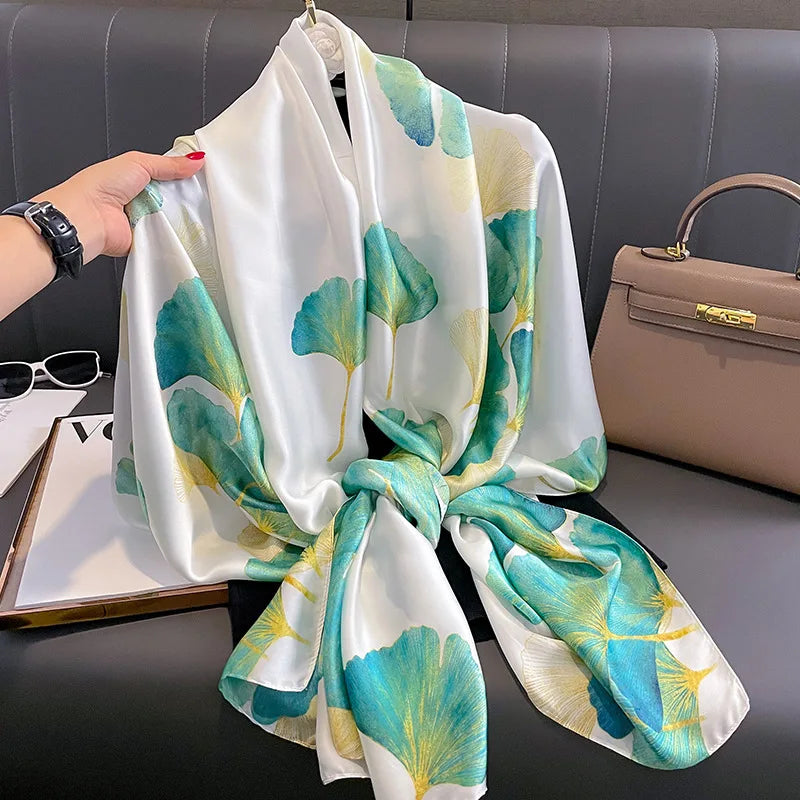New Arrival Plain White Green Ginkgo Leaf Pattern Silk Scarves Women Elegant Long Large 180*90CM Silk Head Scarf Muslim Hijabs