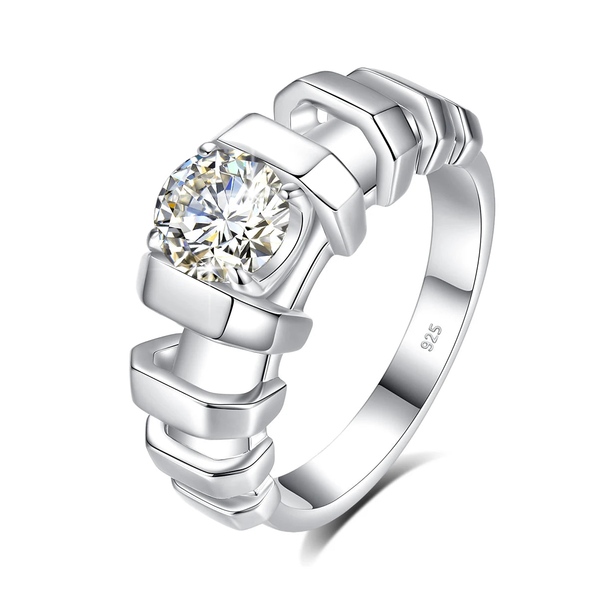 Luxury Unisex Men's Sterling Silver Platinum Plated Engagement Wedding Ring 1ct Synthetic Diamond VVS1 Clarity D Color Prong Set
