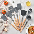 8pcs High-Temperature Resistant Silicone Cooking Spatula Set Wooden Handle Efficient Kitchenware Tool Suite for Cooking