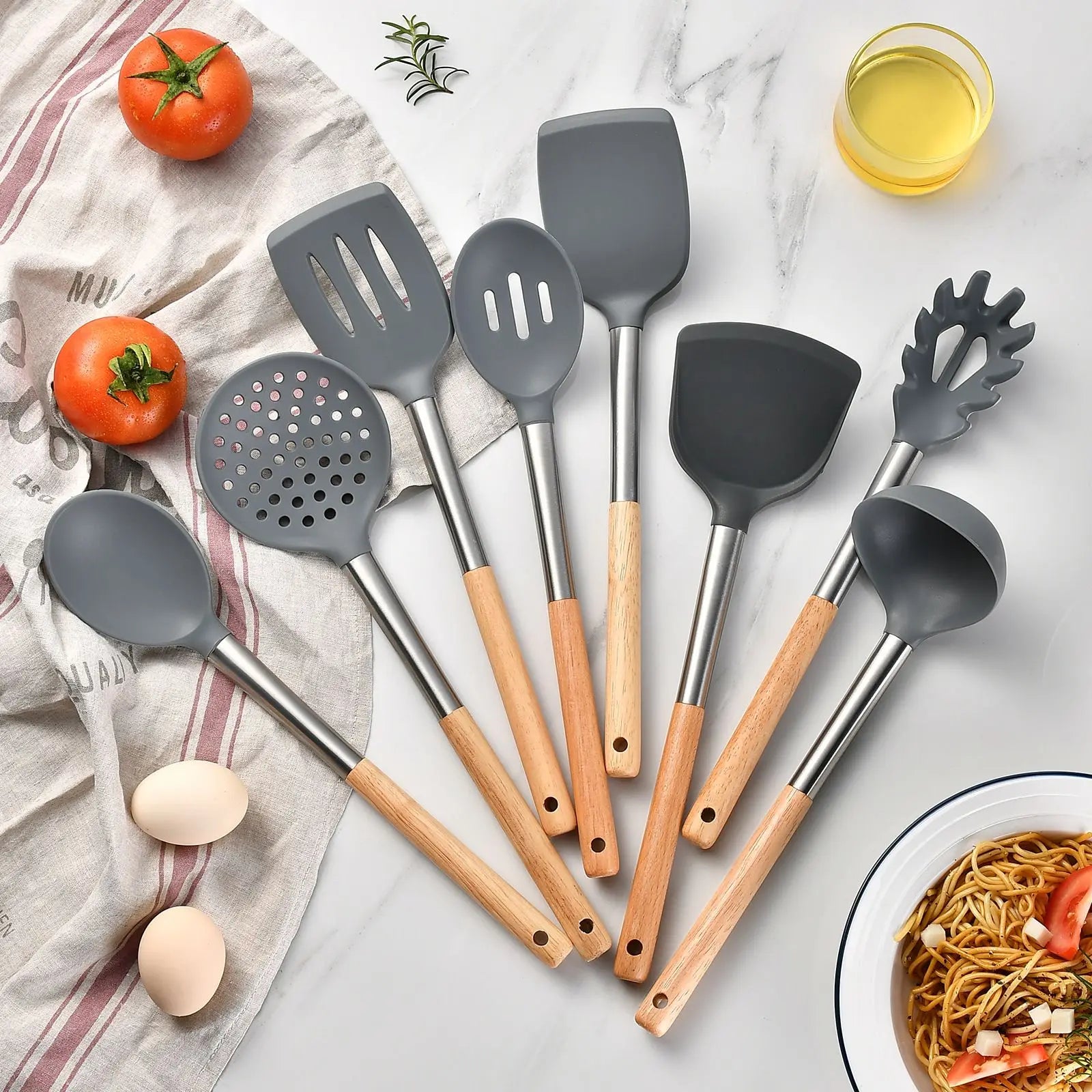 8pcs High-Temperature Resistant Silicone Cooking Spatula Set Wooden Handle Efficient Kitchenware Tool Suite for Cooking
