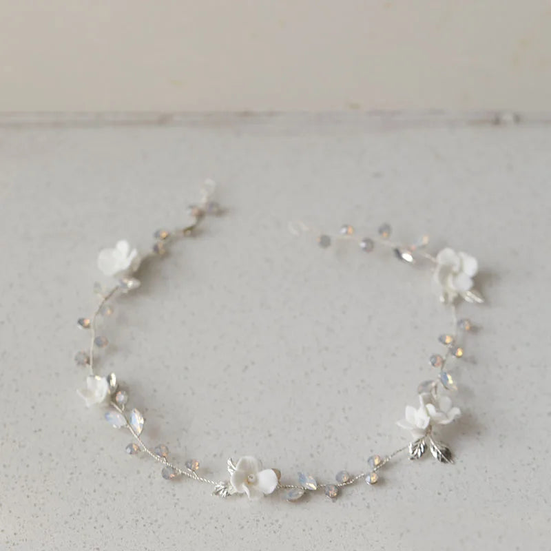 SLBRIDAL Handmade Opal Crystal Rhinestones Ceramic Flower Bridal Headband Wedding Headpieces Bridesmaids Women Hair Jewelry