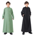 Middle East Muslim Arab Boys' Solid Color Islamic Thobe Crew Neck One Button Zipper Breathable Caftan Thawb for Children