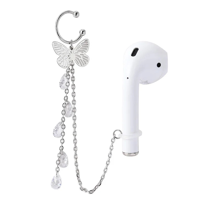 Women's Gold-plated Copper Set Zircon Long Tassel Star Shaped Earclip butterfly Shaped Anti-loss Earphone Chain Earrings
