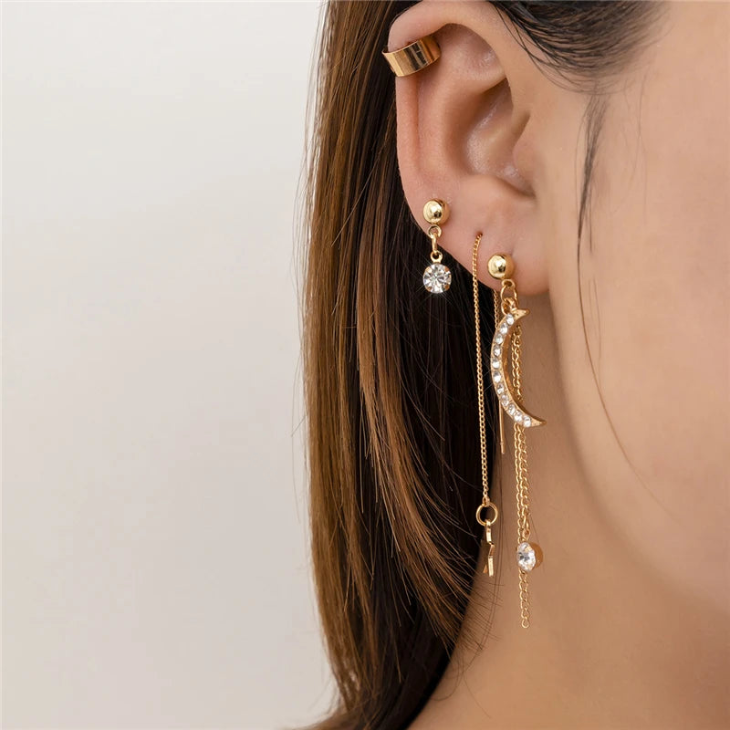Wholesale Silver/ Gold Plated Tassel Earrings Star and Moon Stud Earrings Women