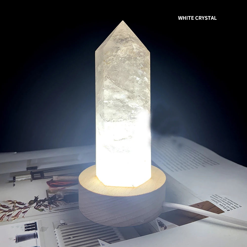 Single-Pointed 10x3cm Natural Crystal Wand Polished Hexagon Column with Lamp Holder for Home Decoration