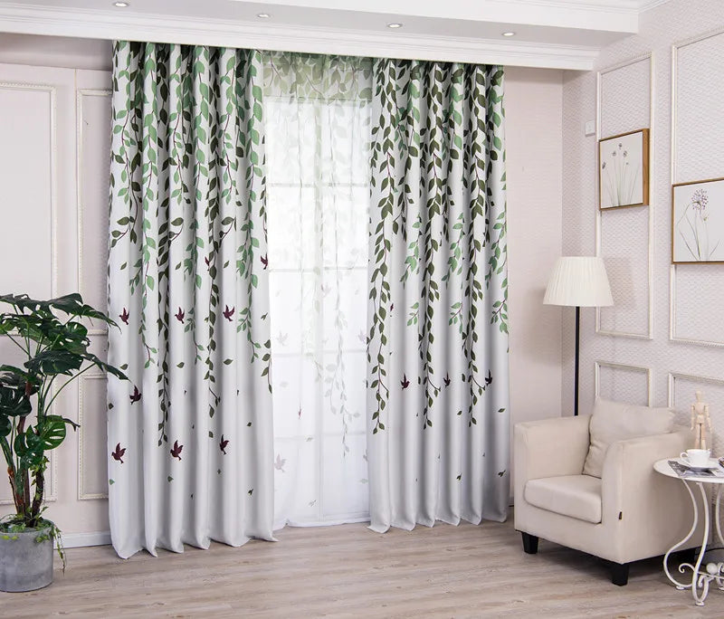 Ready-Made Rural Small Fresh Style Willow Leaf Curtains Blackout Printed Curtains for Living Room