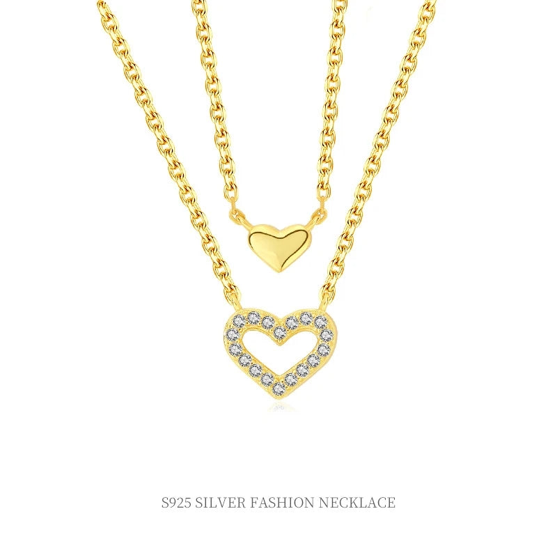 Wholesale 925 Silver Necklace Jewelry 925 Sterling Silver Heart Pendant Two Layer Chain Necklace Gold Plated Necklaces Women