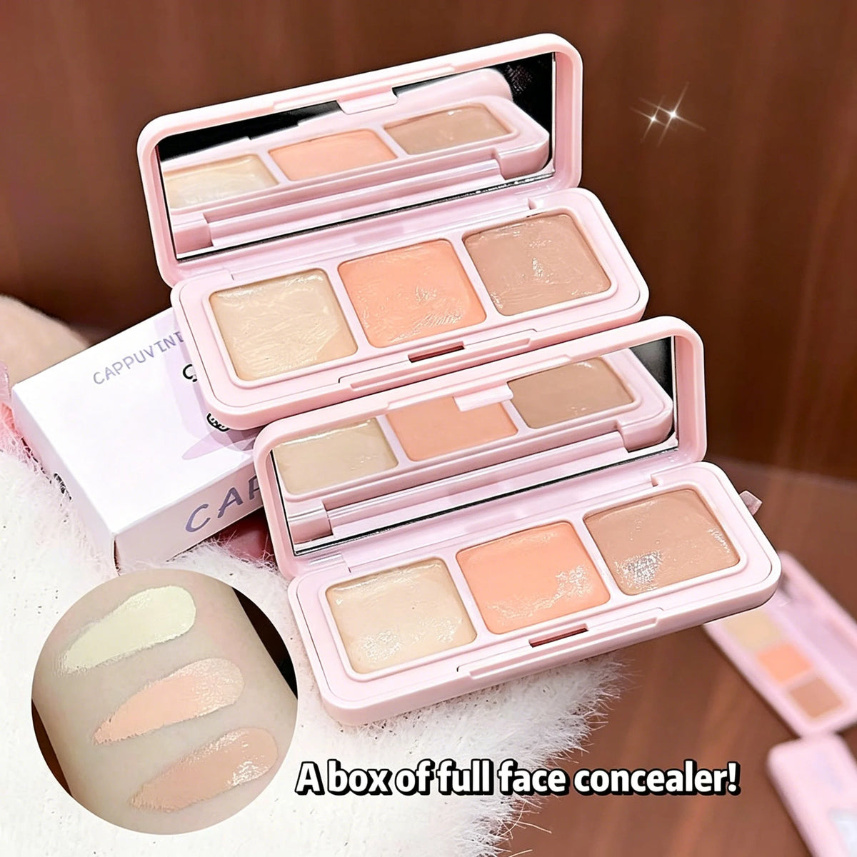 CAPPUVINI 3-Color Concealer Palette Full Coverage Moist Texture Dark Circle Tear Trough Blemish Cover Cute Kitten Makeup Kit MegaBDM