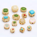JF8748 Matte Gold Plated Pave Stone Nepal Nepalese Style Brass Round Oval Square Spacer Beads Tibetan Ethnic Tribal Beads