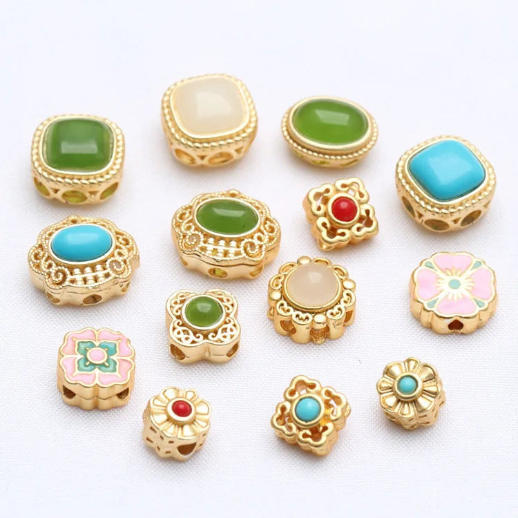 JF8748 Matte Gold Plated Pave Stone Nepal Nepalese Style Brass Round Oval Square Spacer Beads Tibetan Ethnic Tribal Beads