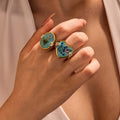 New Waterproof 18K Gold Plated Stainless Steel Dried Flower Resin Rings Vintage Epoxy Preserved Flowers Zircon Ring for Girls
