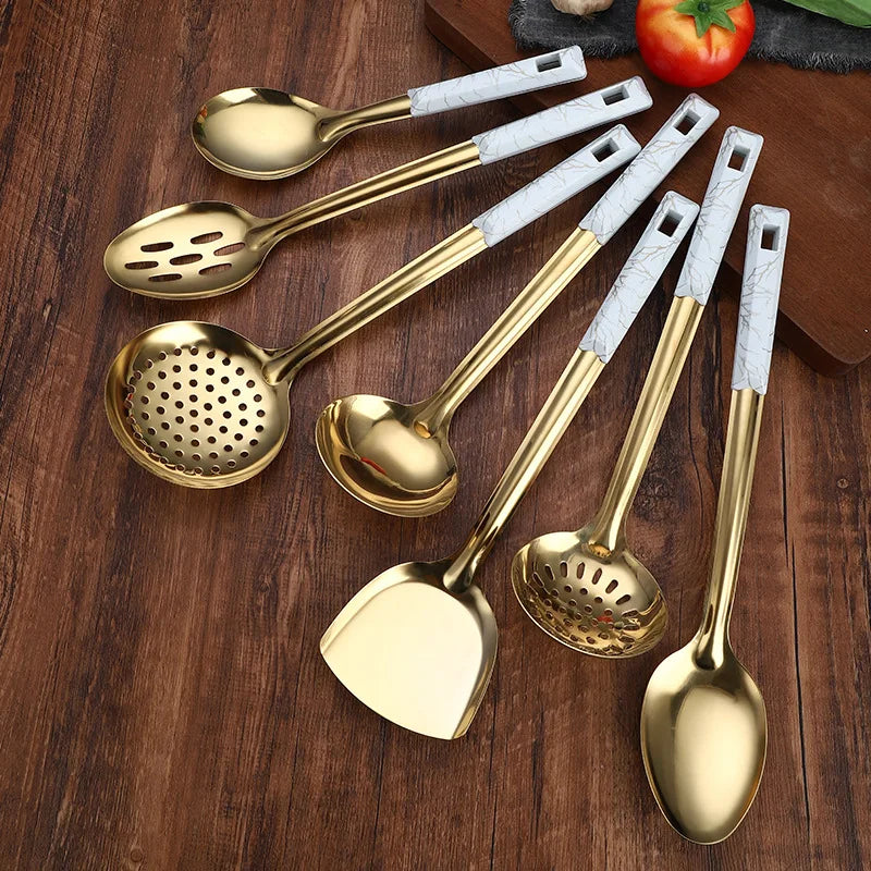 7Pcs Luxury Gold Stainless Steel Cooking Utensils Set White Marble Pattern Handle Kitchen Spatula Ladle Skimmer Tools For Home