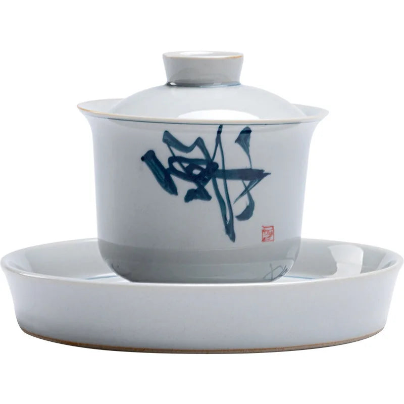 Retro Green Gaiwan Set Hand-Painted Calligraphy & Poetry Ceramic Kung Fu Tea Bowl Zen Tea Ceremony Bowl for Brewing Tea