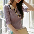 Women Summer Color Blocked Elegant Clothes Ladies Turn-down Collar Knitted T-Shirt Blouse Slim Pullover Polo Collar Shirt Top