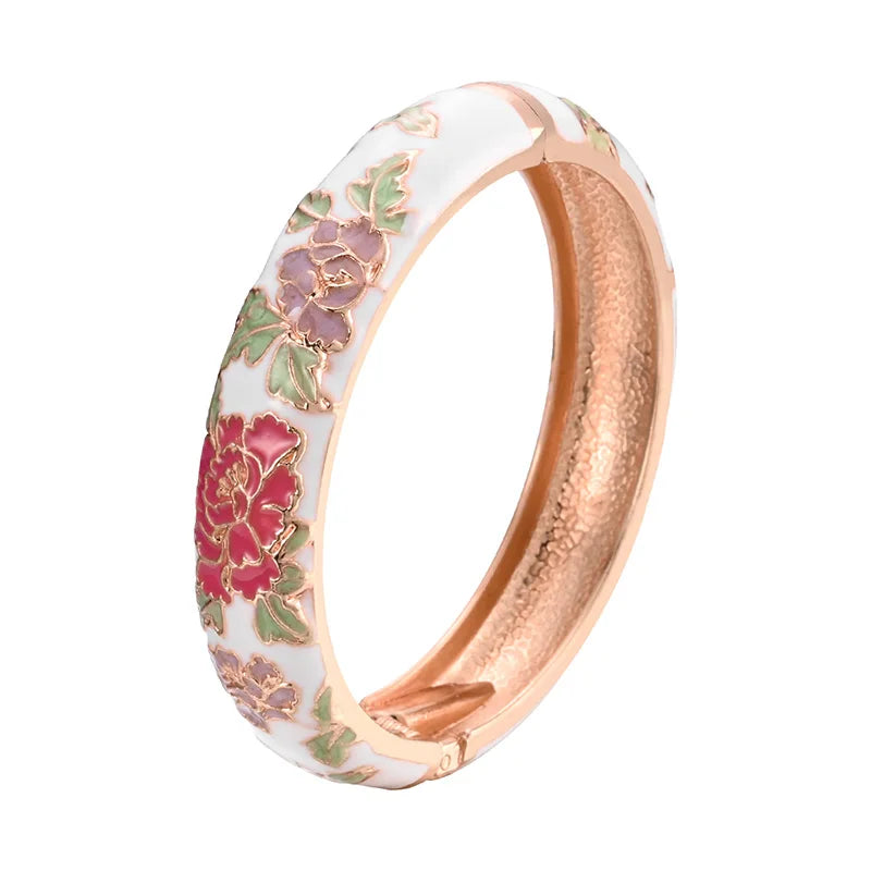 Daili Hot Sale Classic Chinese Charm Bracelets for Women Colorful Peony Flowers White Enamel Cuff Bangles