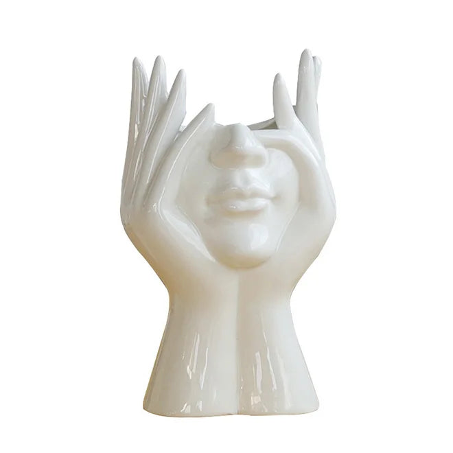 Dropshipping Human Face Art Ceramic Vase Dry Flower Arrangement Vase  Modern Sculpture White Planter Pot for Home Decoration