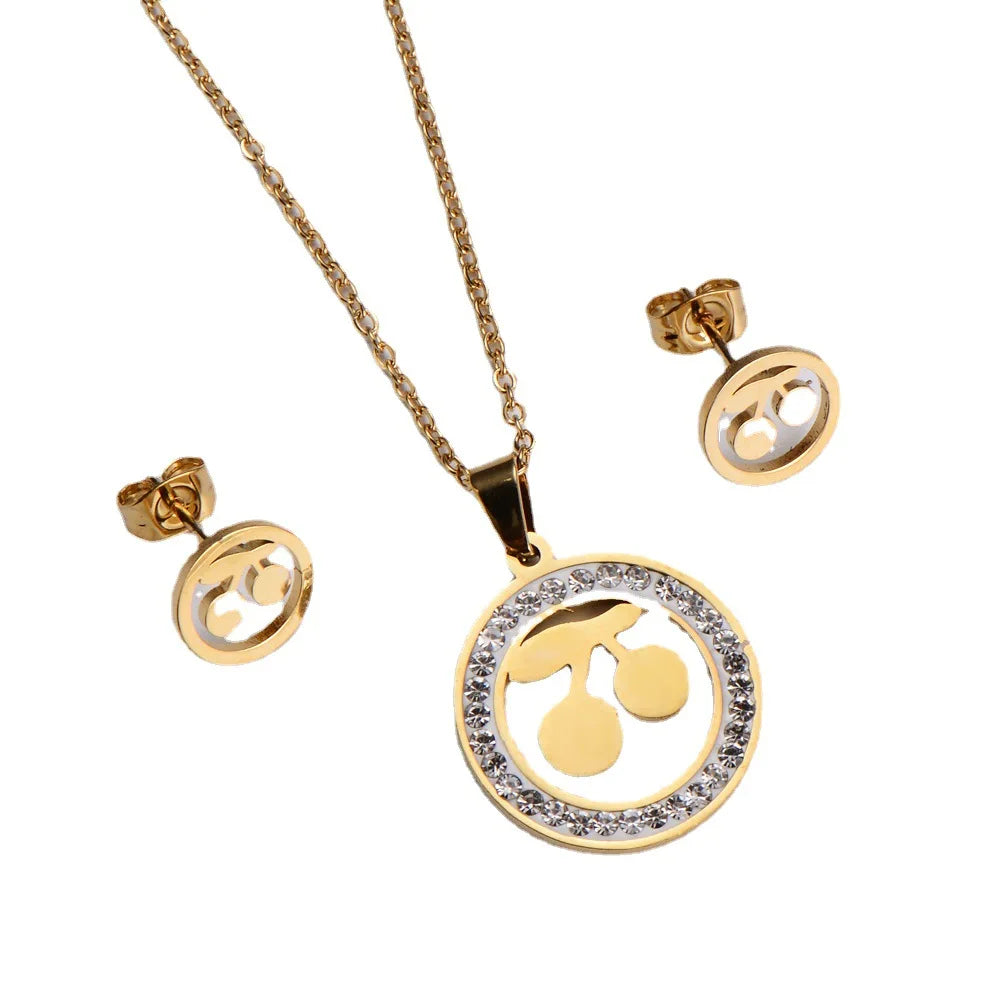 Luxury Stainless Steel Dongguan Cherry Fruit Earrings Necklace Jewelry Set