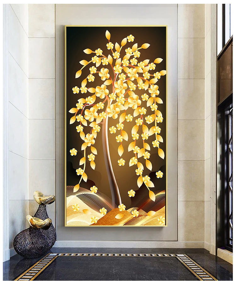 Flowers Abstract Landscape Gold Tree  and Print Art Canvas Painting Wall Picture for Living Room Decoration Home Decoration