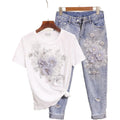 Denim Set Women's Summer 2024 New Beaded Embroidered 3D Flower Short Sleeved T-shirt+distressed Cropped Jeans