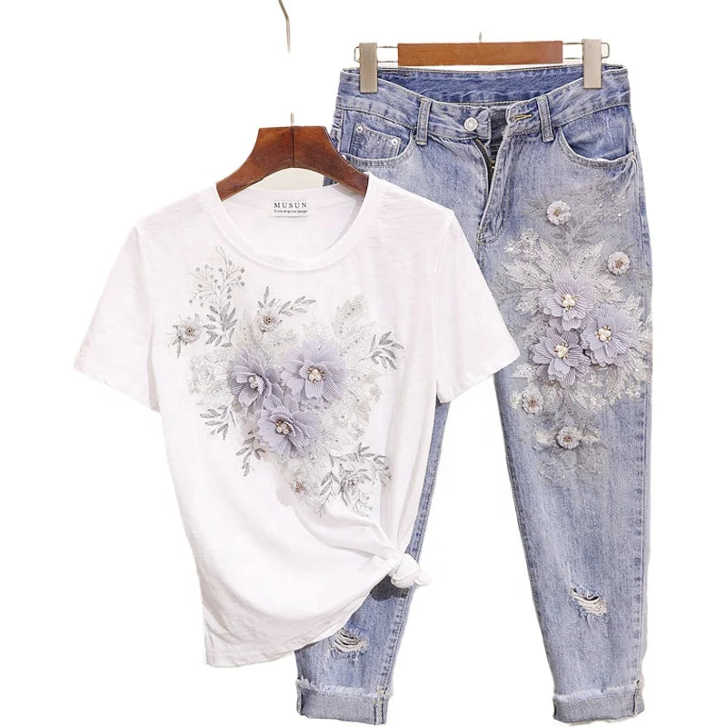 Denim Set Women's Summer 2024 New Beaded Embroidered 3D Flower Short Sleeved T-shirt+distressed Cropped Jeans