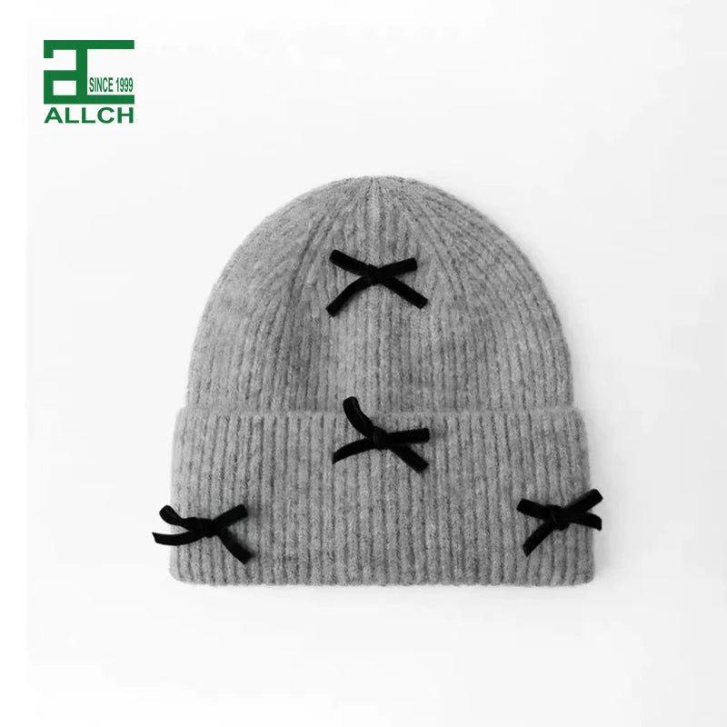 ALLCH Custom Women Super Soft Winter Fashion Cute Sweet Bow Beanie Hat Scarf Set