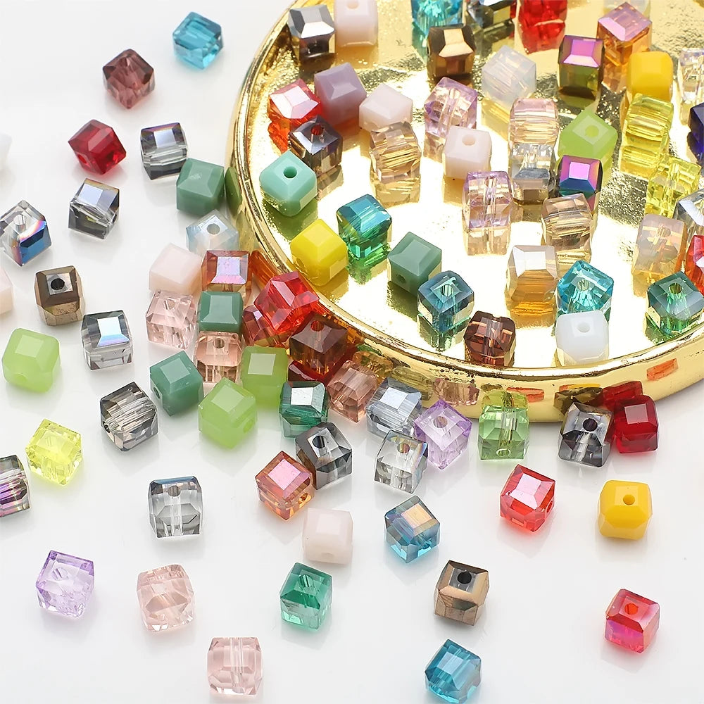 Zhubi 6MM or 8MM Faceted Crystal Square Beads Mix Synthetic Quartz Agate Jade Cube Glass Beads for Jewelry Making