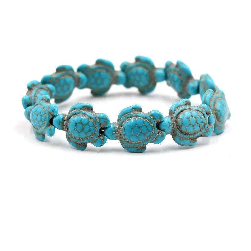 Sea Turtle Beads s Green Natural Stone Elastic Friendship Sea Life Theme Turtle  for Women Men