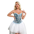 Blue Floral Oil Printing Overbust Corset Lace Trim Bustier Top Vintage Lingerie Basques Korset