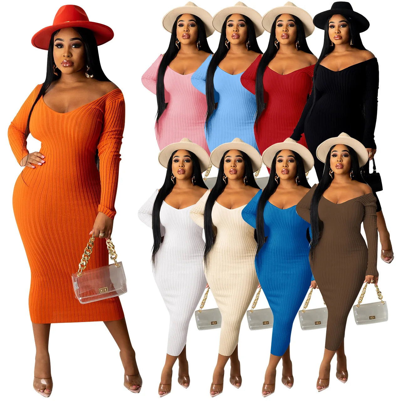 2026 Spring New Women Long-Sleeved Rib Knit Tight Dress Bodycon Elegant Midi Casual Women Dresses