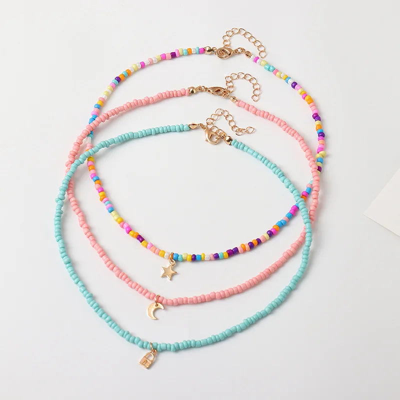 Fashion Candy Color Beads Necklace Star Moon Lock Pendant Necklace Women Jewelry Party Gift