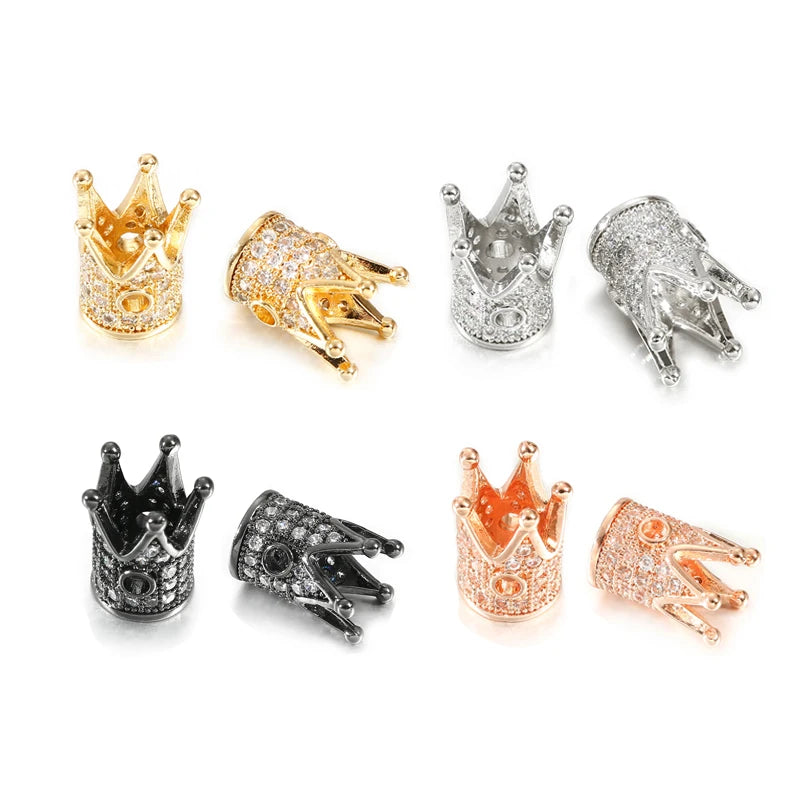 Copper Gold Plated Trendy Spacer Beads Micro Pave CZ Zircon Crown Charms Beaded Unisex Bracelet Accessories Making Wholesale