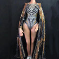 Stage Performance Costume Crystals Club Outfits and Cloak Sets  Rhinestone Jumpsuit Women One Piece Bodycon Bodysuit