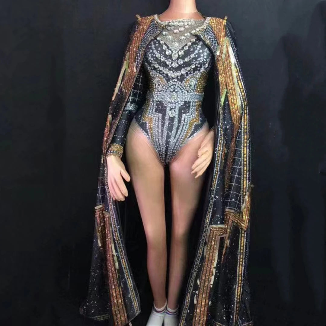 Stage Performance Costume Crystals Club Outfits and Cloak Sets  Rhinestone Jumpsuit Women One Piece Bodycon Bodysuit