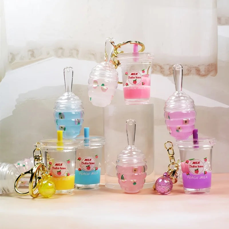 Hot Mini Cute Kids Milk Tea Bottle Lip Gloss With Keychain Moisturizing Lip Gloss Oil Lip Gloss Balm